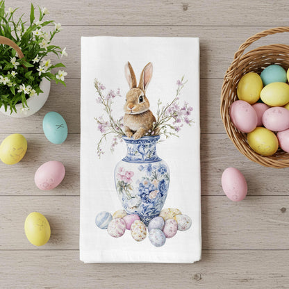 Easter Bunny Kitchen Towel, Chinoiserie Vase Spring Blossoms Dish Towel, Farmhouse Decor - Flour Sack Organic Cotton Tea Towel