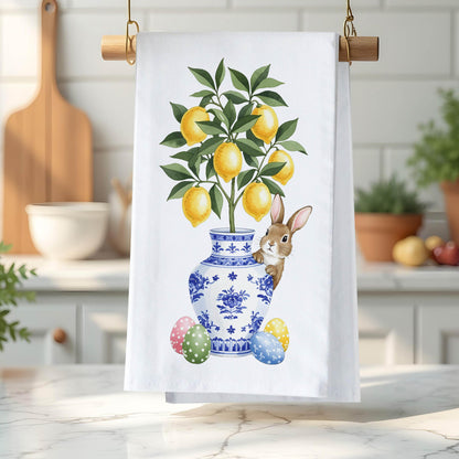 Easter Bunny Kitchen Towel - Lemon Tree in Chinoiserie Vase Tea Towel, Spring Farmhouse Decor - Flour Sack Organic Cotton Tea Towel