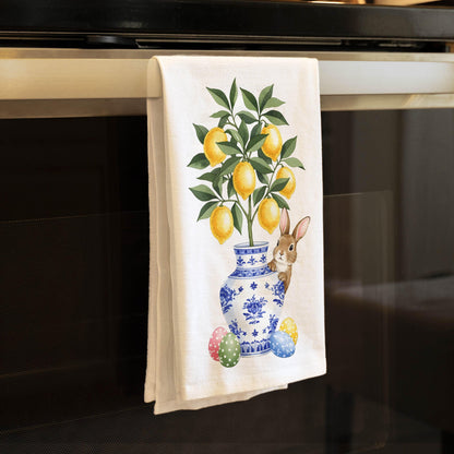 Easter Bunny Kitchen Towel - Lemon Tree in Chinoiserie Vase Tea Towel, Spring Farmhouse Decor - Flour Sack Organic Cotton Tea Towel