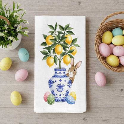 Easter Bunny Kitchen Towel - Lemon Tree in Chinoiserie Vase Tea Towel, Spring Farmhouse Decor - Flour Sack Organic Cotton Tea Towel