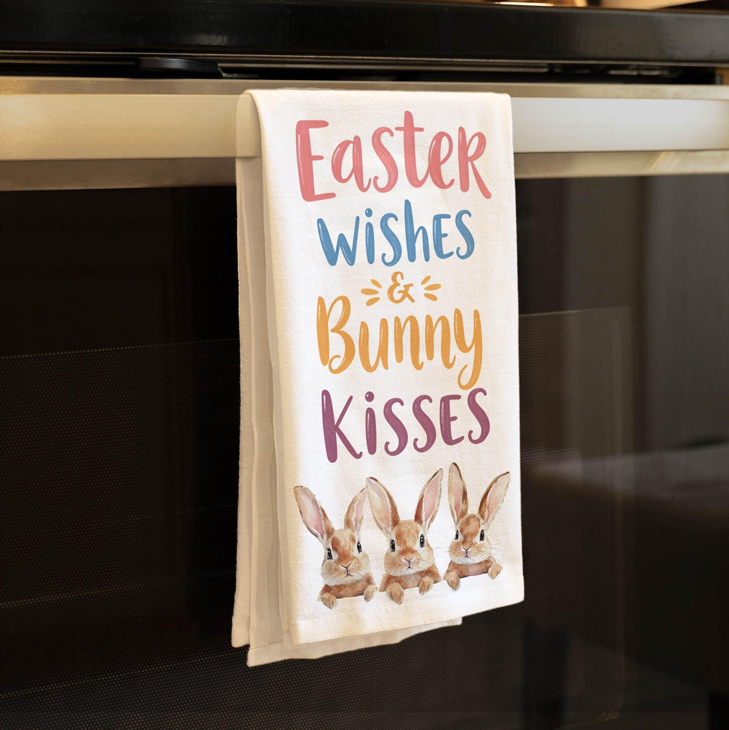 Easter Wishes and Bunny Kisses Kitchen Towel - Spring Tea Towel, Cute Farmhouse Easter Decor - Flour Sack Organic Cotton Tea Towel