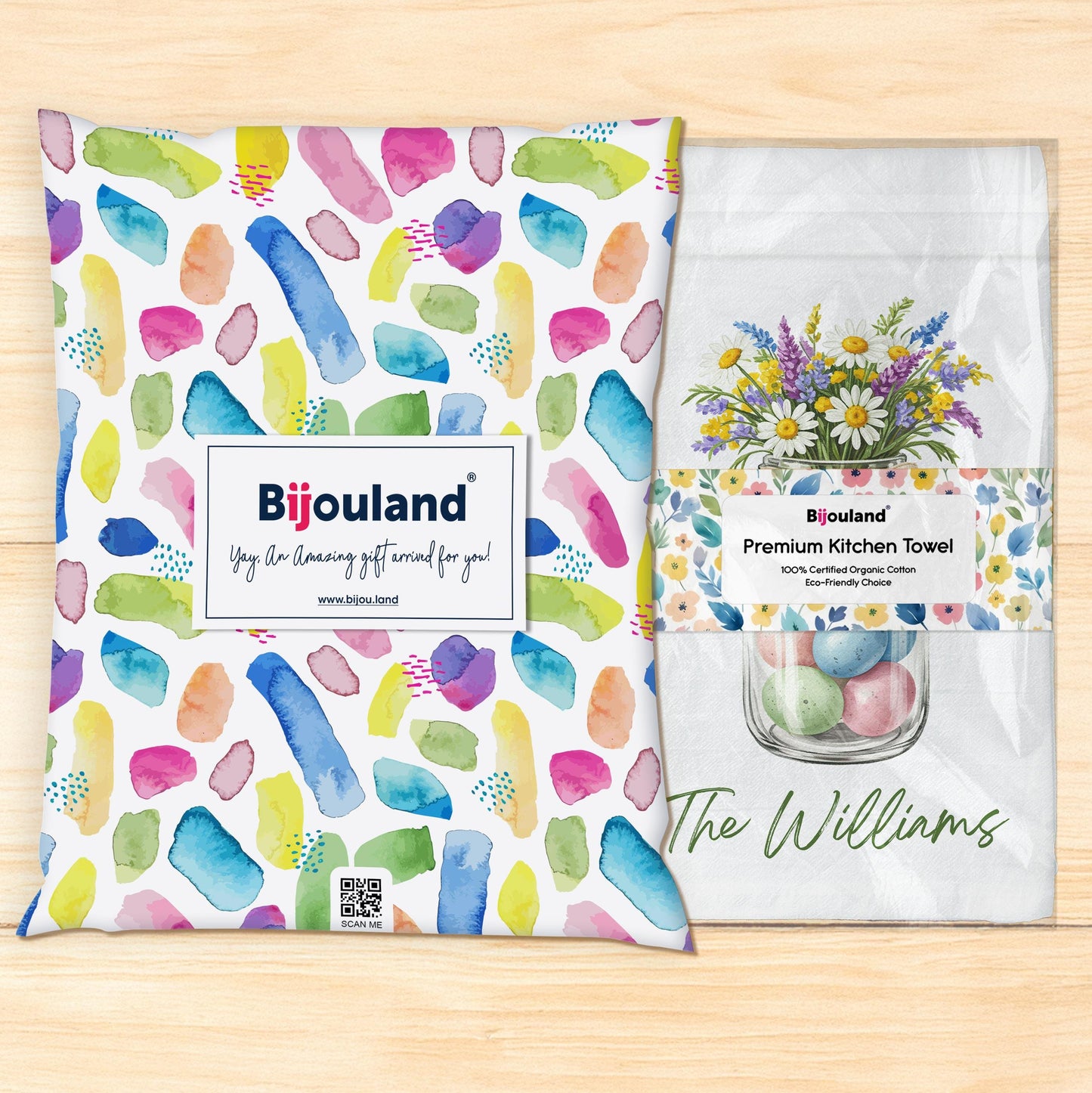 Personalized Easter Tea Towel with Family Name - Easter Eggs and Wildflowers Jar, Custom Easter Tea Towel - Flour Sack Organic Cotton