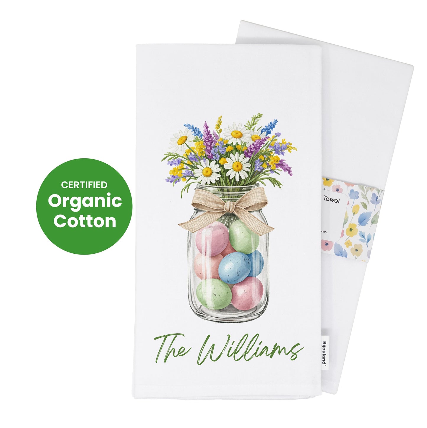 Personalized Easter Tea Towel with Family Name - Easter Eggs and Wildflowers Jar, Custom Easter Tea Towel - Flour Sack Organic Cotton