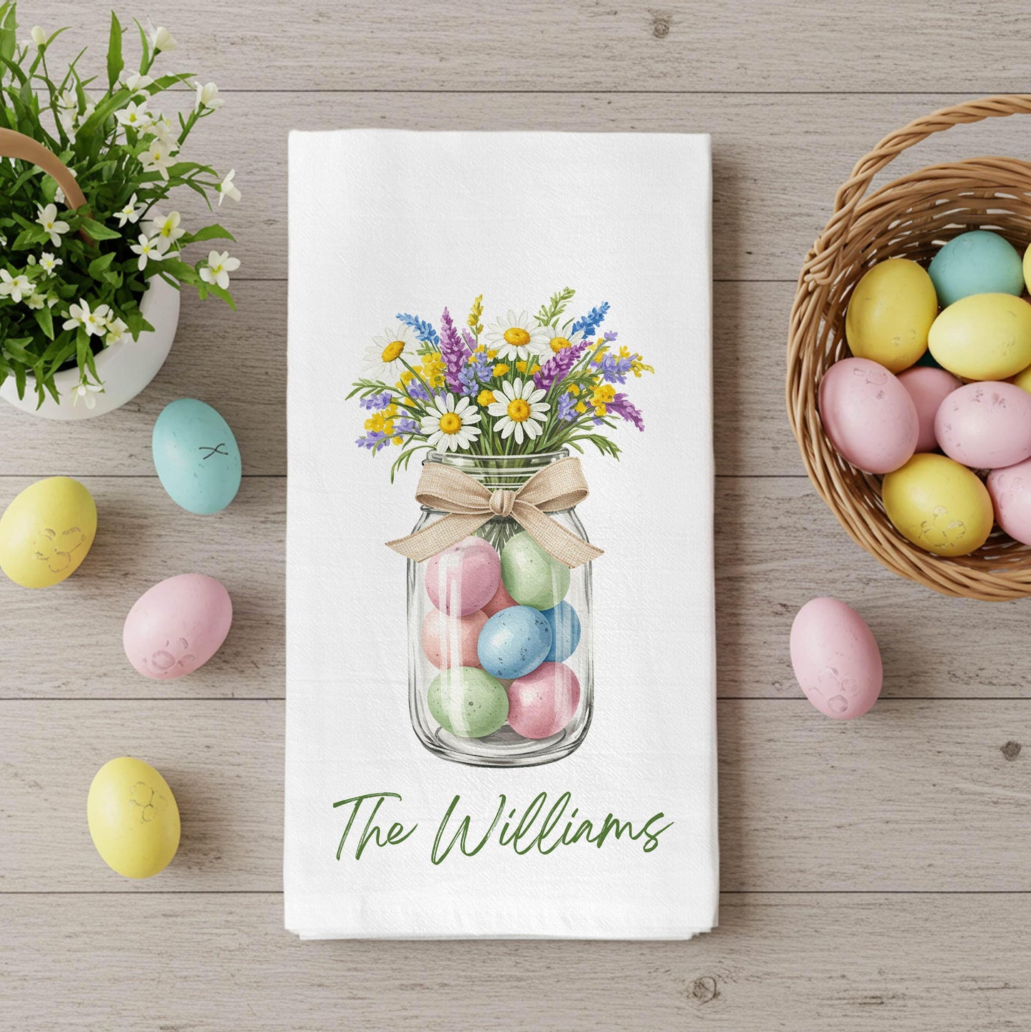 Personalized Easter Tea Towel with Family Name - Easter Eggs and Wildflowers Jar, Custom Easter Tea Towel - Flour Sack Organic Cotton