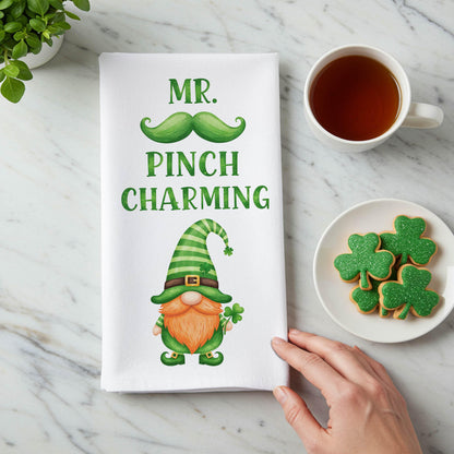 Mr. Pinch Charming Kitchen Towel - Funny St. Patrick’s Day Gnome Tea Towel, Irish Decor Gift - Flour Sack Organic Cotton Tea Towel