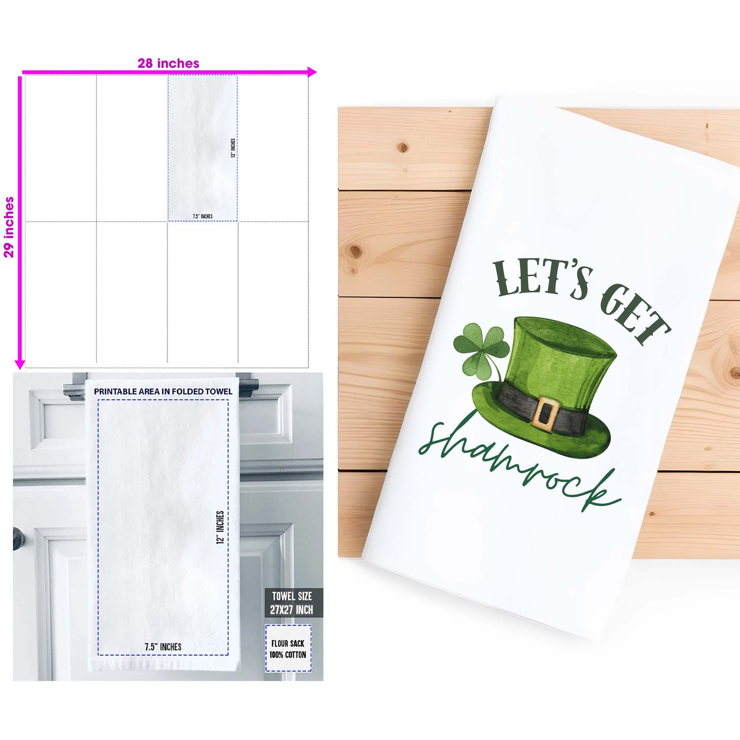 Funny St. Patrick’s Day Decor - Let’s Get Shamrock Kitchen Towel, Irish Shamrock Decor Tea Towel - Flour Sack Organic Cotton