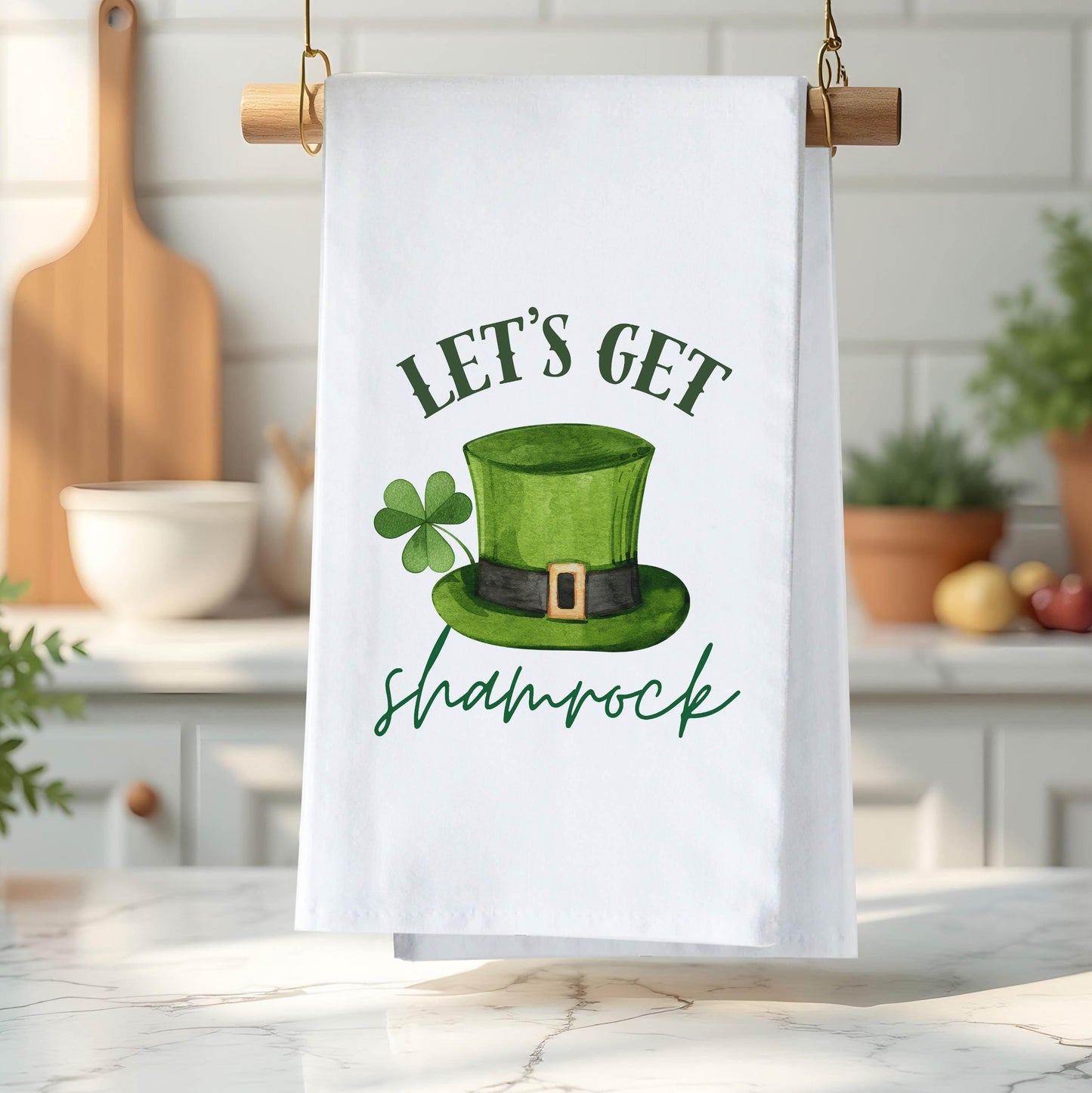 Funny St. Patrick’s Day Decor - Let’s Get Shamrock Kitchen Towel, Irish Shamrock Decor Tea Towel - Flour Sack Organic Cotton