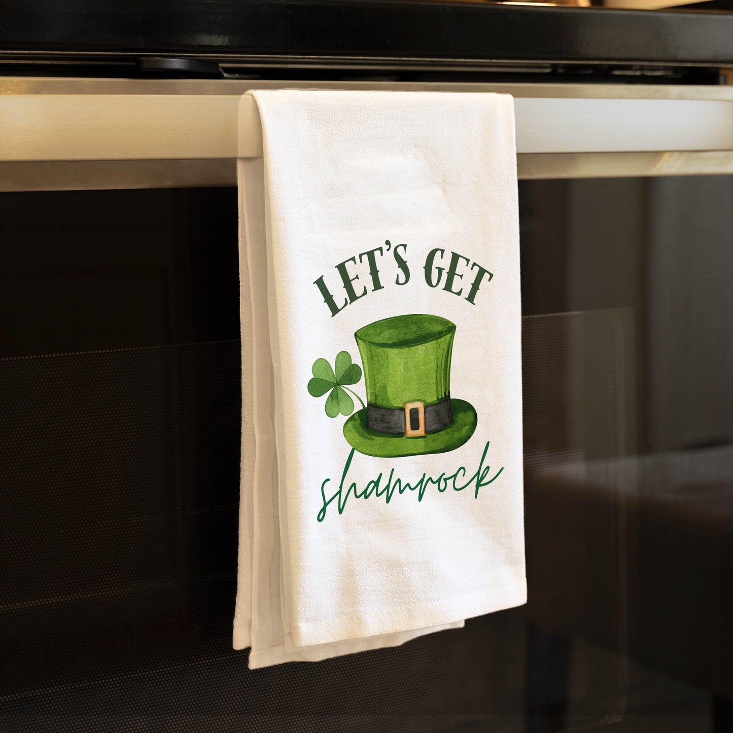 Funny St. Patrick’s Day Decor - Let’s Get Shamrock Kitchen Towel, Irish Shamrock Decor Tea Towel - Flour Sack Organic Cotton