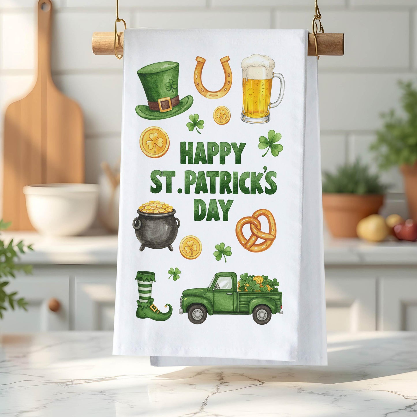 Happy St. Patrick’s Day Kitchen Towel - Lucky Irish Decor, Shamrock Tea Towel, Festive Holiday Gift - Flour Sack Organic Cotton