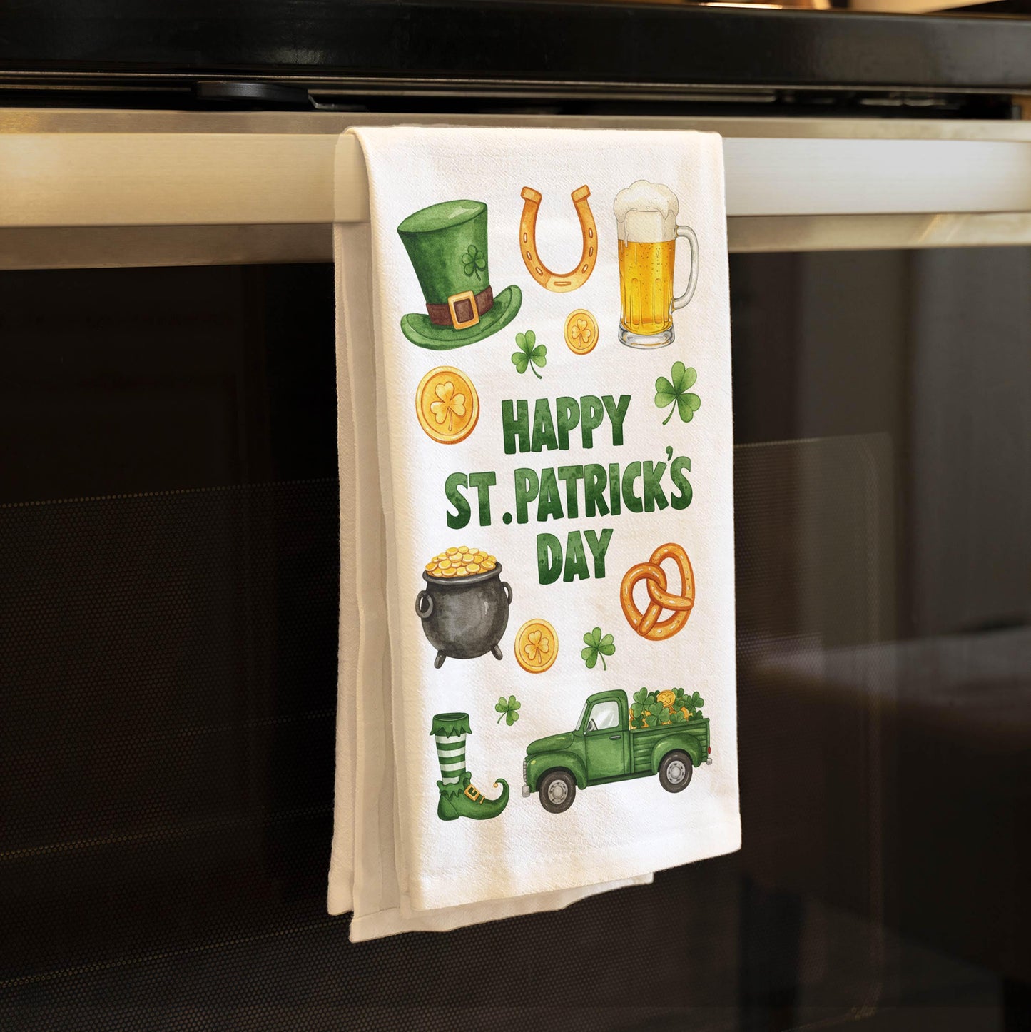 Happy St. Patrick’s Day Kitchen Towel - Lucky Irish Decor, Shamrock Tea Towel, Festive Holiday Gift - Flour Sack Organic Cotton