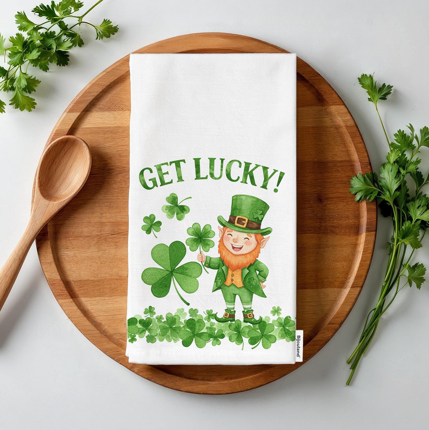 Funny St. Patrick’s Day Tea Towel - Get Lucky Kitchen Decor, Irish Leprechaun Tea Towel Gift - Flour Sack Organic Cotton