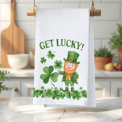 Funny St. Patrick’s Day Tea Towel - Get Lucky Kitchen Decor, Irish Leprechaun Tea Towel Gift - Flour Sack Organic Cotton