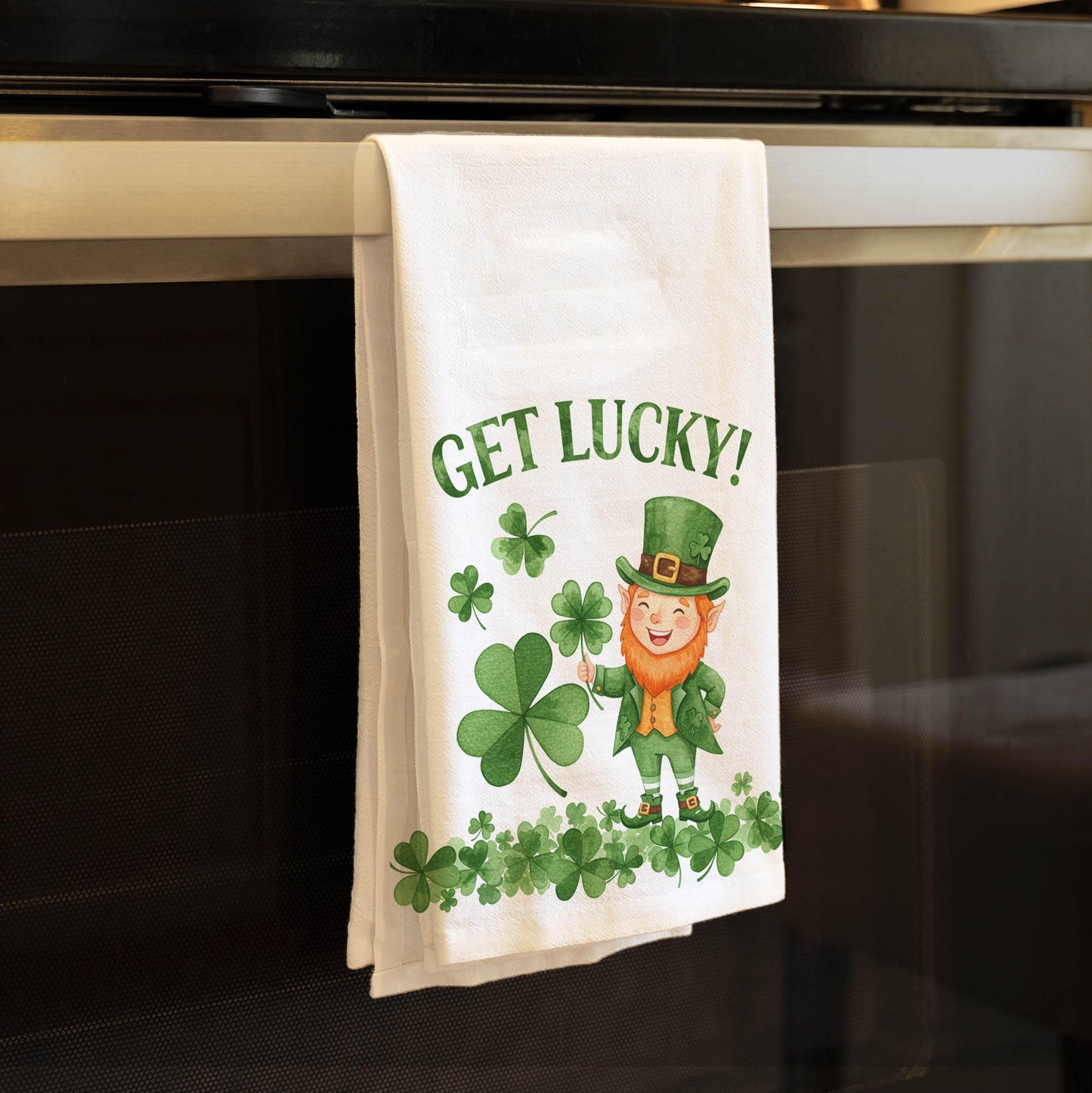 Funny St. Patrick’s Day Tea Towel - Get Lucky Kitchen Decor, Irish Leprechaun Tea Towel Gift - Flour Sack Organic Cotton