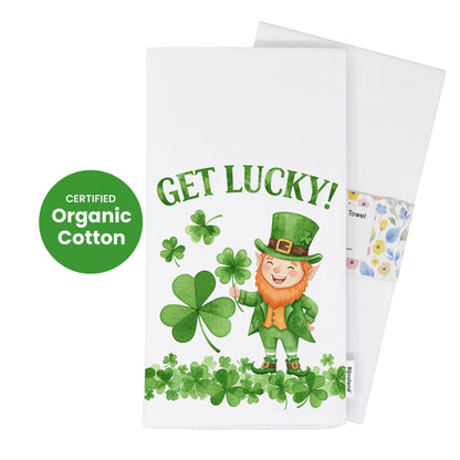 Funny St. Patrick’s Day Tea Towel - Get Lucky Kitchen Decor, Irish Leprechaun Tea Towel Gift - Flour Sack Organic Cotton