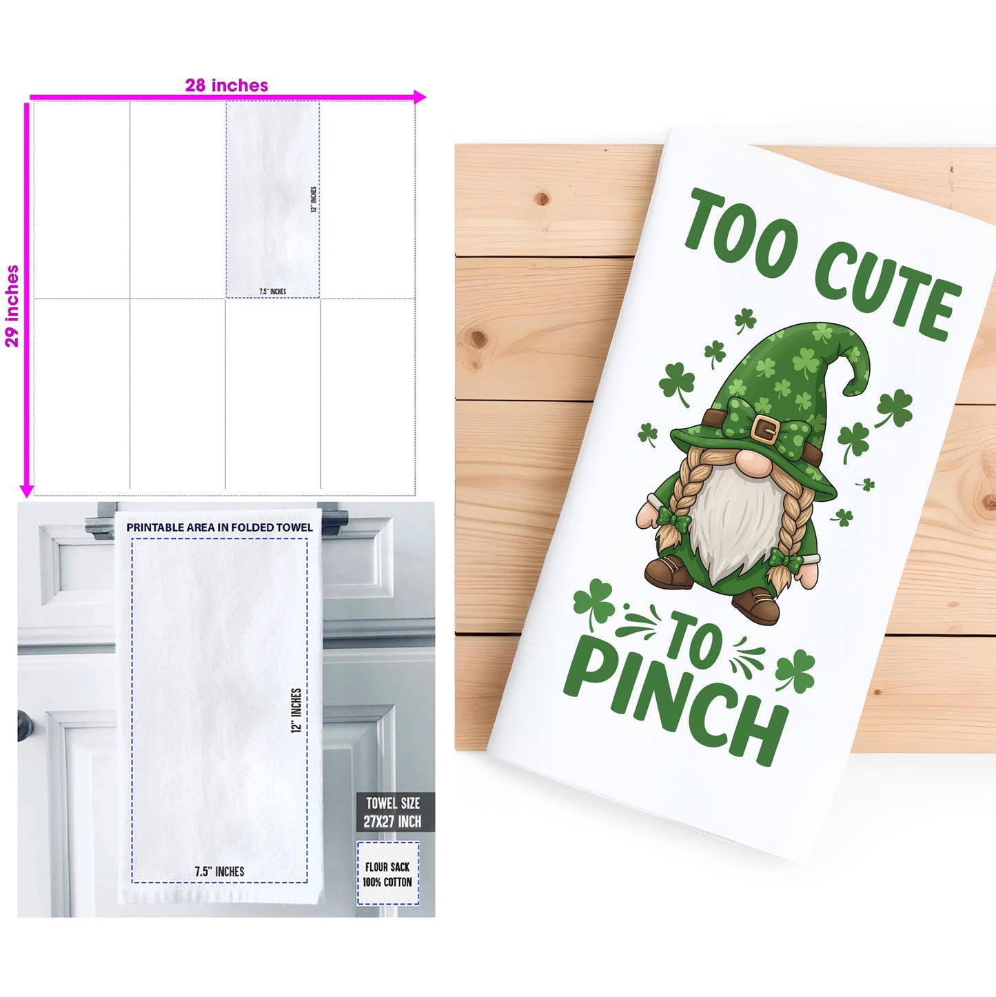 Cute St. Patrick's Day Gnome Tea Towel - Too Cute to Pinch Kitchen Towel - Lucky Shamrock Decor Gift - Flour Sack Organic Cotton