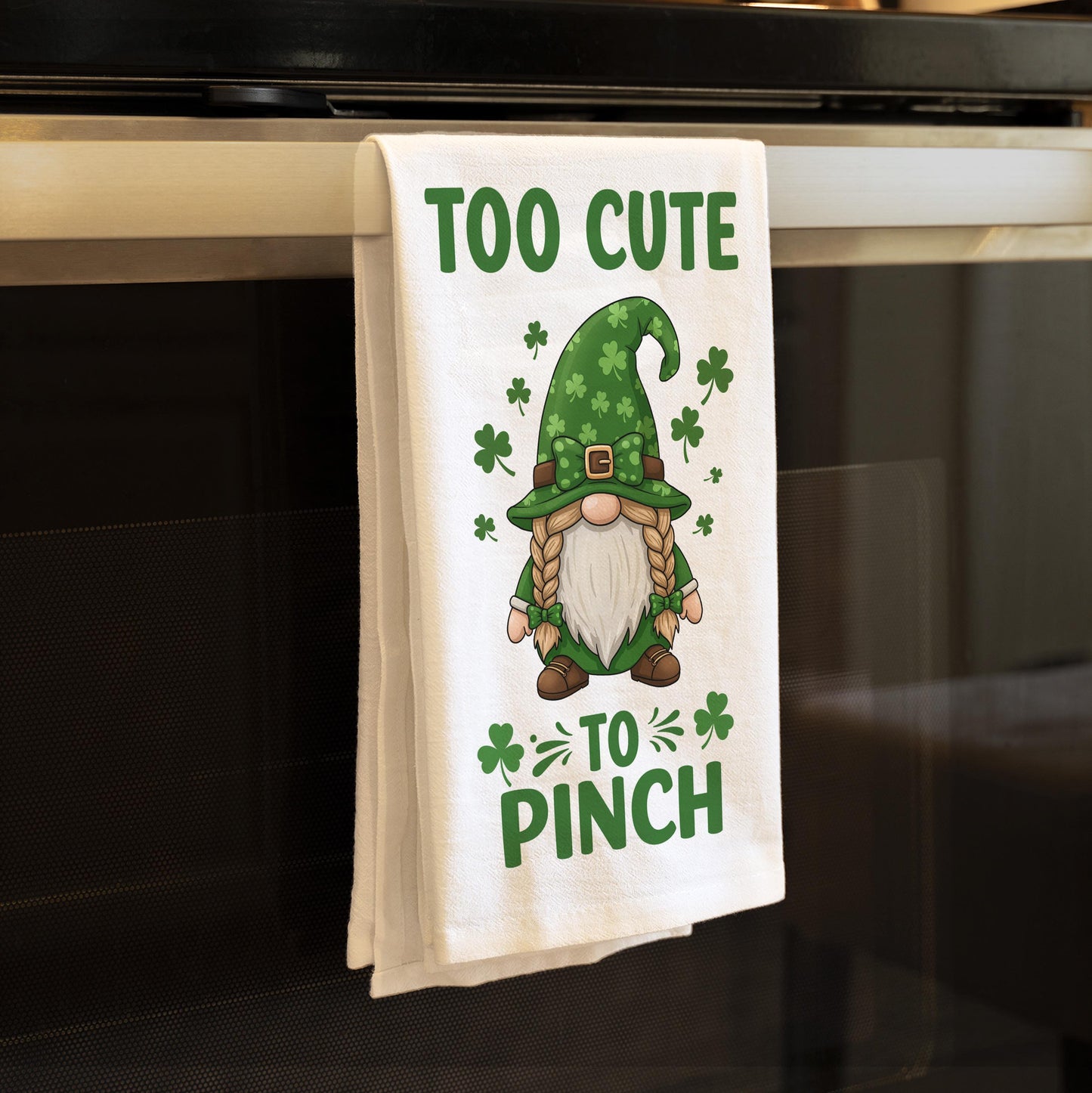 Cute St. Patrick's Day Gnome Tea Towel - Too Cute to Pinch Kitchen Towel - Lucky Shamrock Decor Gift - Flour Sack Organic Cotton