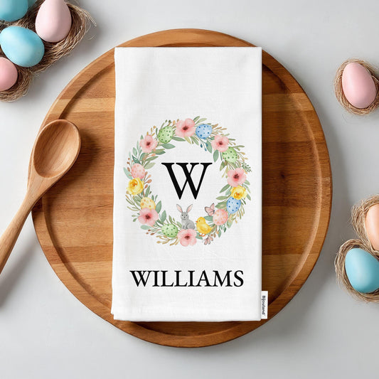 Personalized Easter Tea Towel - Custom Family Name Wreath Easter Decor Gift - Flour Sack Organic Cotton Tea Towel