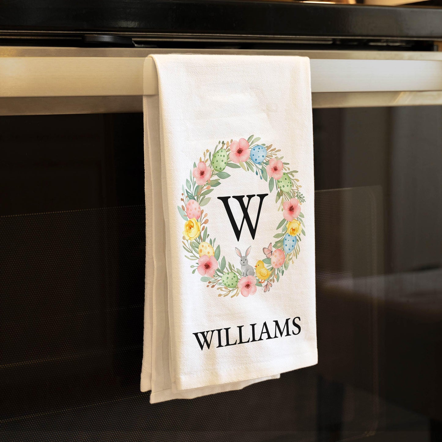 Personalized Easter Tea Towel - Custom Family Name Wreath Easter Decor Gift - Flour Sack Organic Cotton Tea Towel