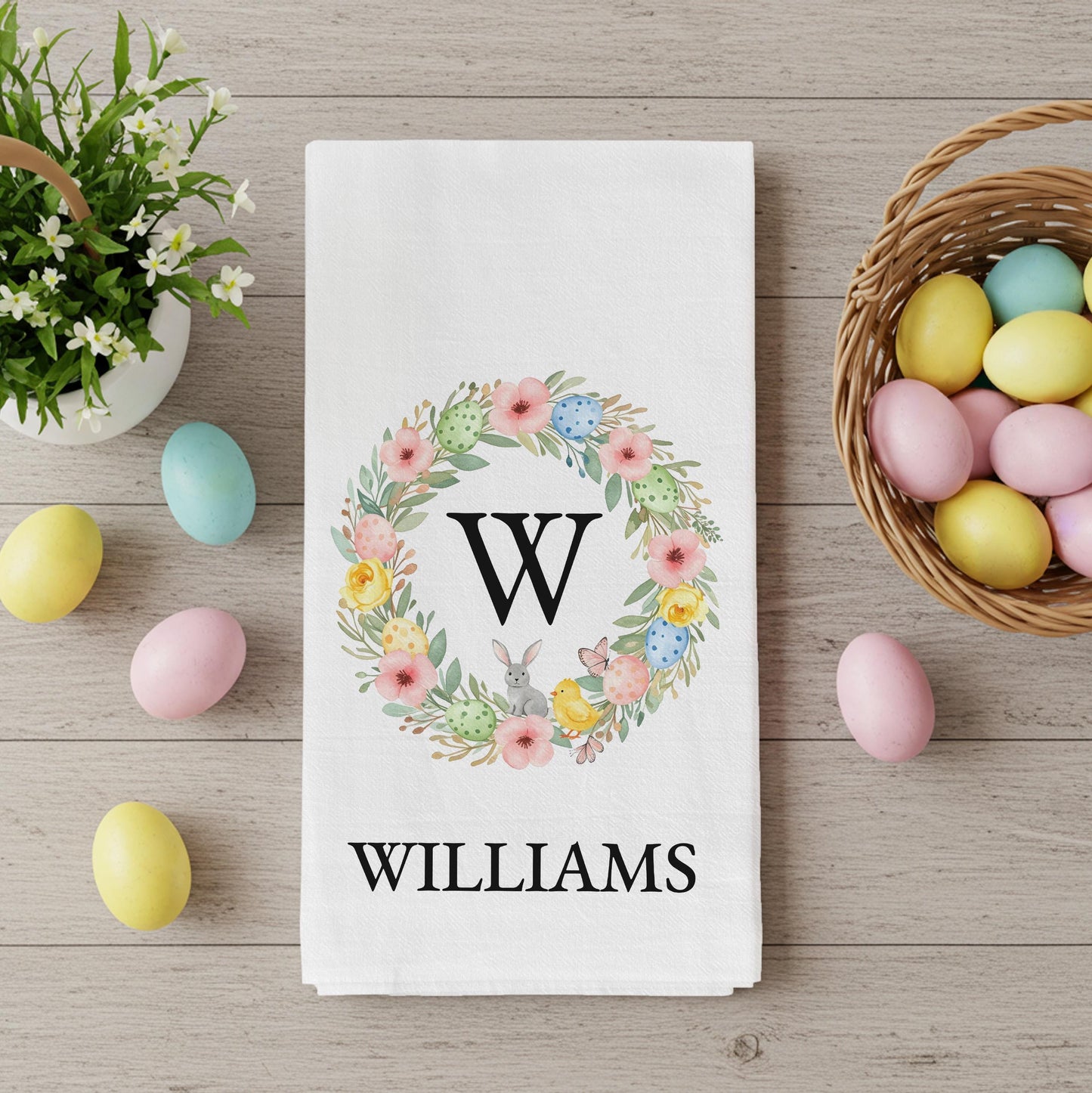 Personalized Easter Tea Towel - Custom Family Name Wreath Easter Decor Gift - Flour Sack Organic Cotton Tea Towel