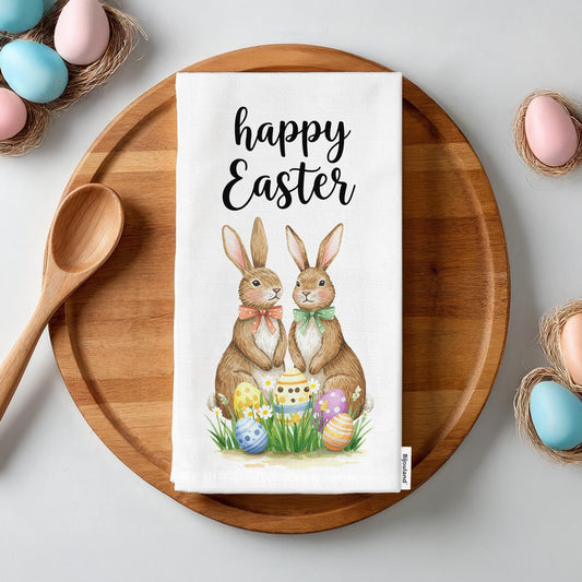 Happy Easter Tea Towel - Vintage Bunny and Easter Eggs, Spring Farmhouse Kitchen Decor, Easter Gift - Flour Sack Organic Cotton Tea Towel