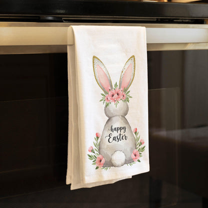 Floral Easter Bunny Tea Towel - Spring Farmhouse Kitchen Decor, Cute Easter Rabbit Decor - Flour Sack Organic Cotton Tea Towel