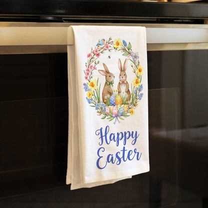 Spring Floral Easter Kitchen Towel - Bunny Wreath Tea Towel, Spring Dish Towel, Easter Gift - Flour Sack Organic Cotton Tea Towel