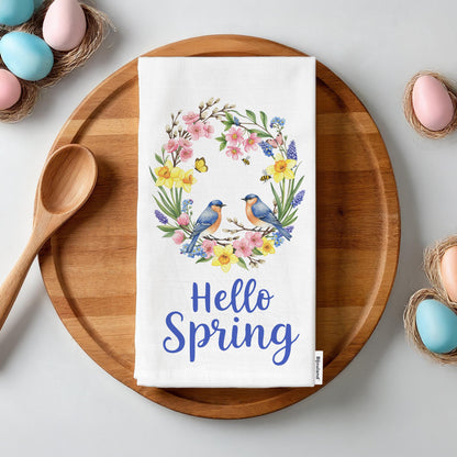 Hello Spring Kitchen Towel - Floral Bird Wreath Tea Towel, Farmhouse Spring Decor, Seasonal Dish Towel - Flour Sack Organic Cotton Tea Towel