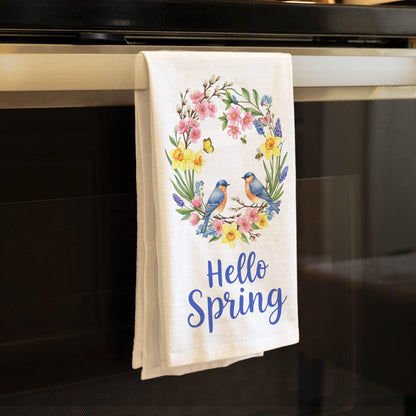 Hello Spring Kitchen Towel - Floral Bird Wreath Tea Towel, Farmhouse Spring Decor, Seasonal Dish Towel - Flour Sack Organic Cotton Tea Towel