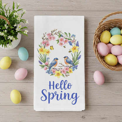 Hello Spring Kitchen Towel - Floral Bird Wreath Tea Towel, Farmhouse Spring Decor, Seasonal Dish Towel - Flour Sack Organic Cotton Tea Towel