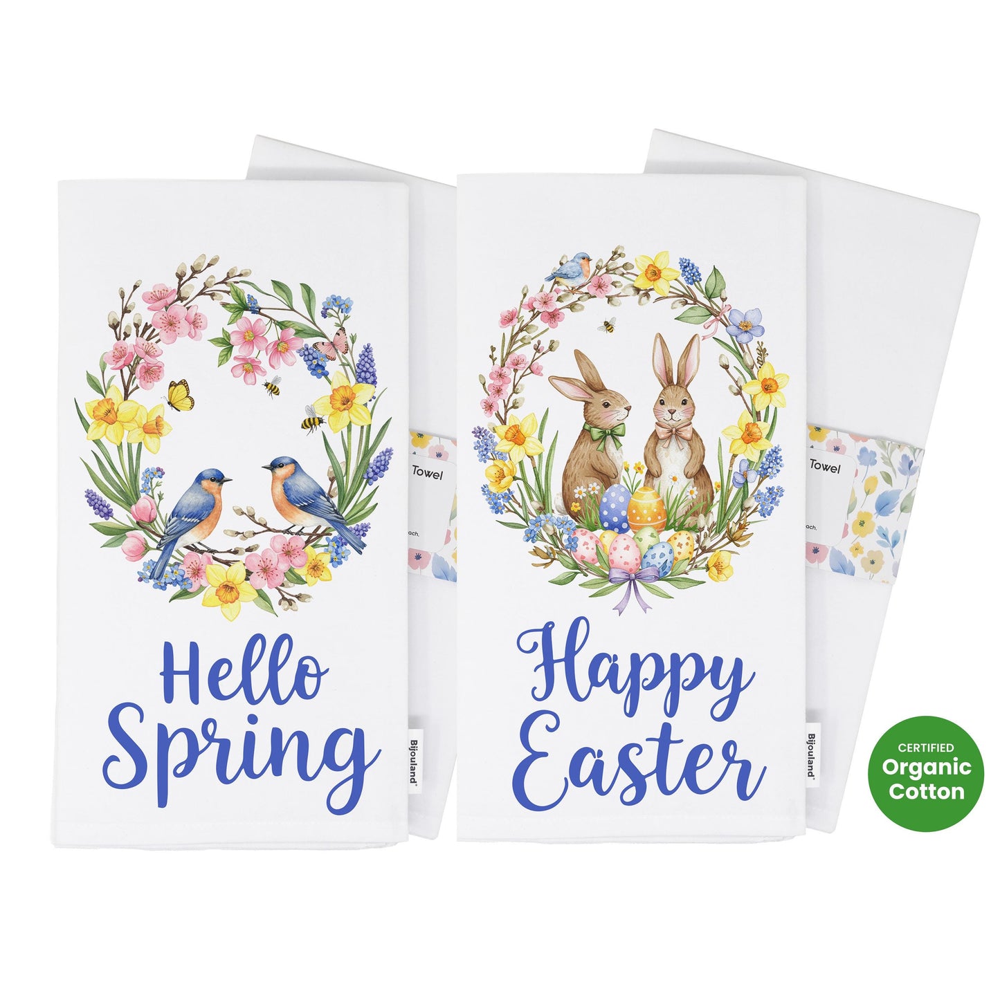 Hello Spring Kitchen Towel - Floral Bird Wreath Tea Towel, Farmhouse Spring Decor, Seasonal Dish Towel - Flour Sack Organic Cotton Tea Towel