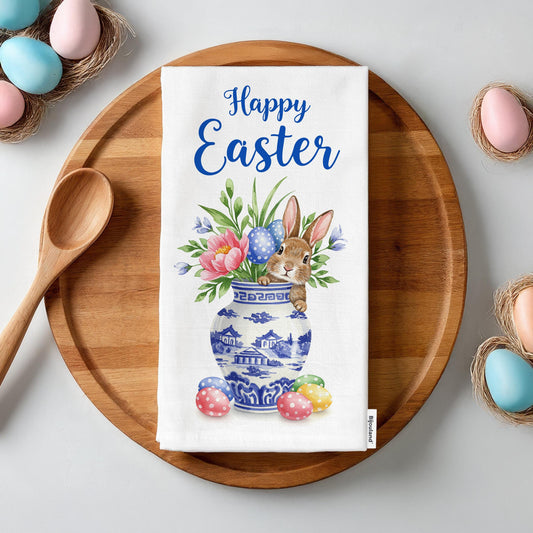 Happy Easter Kitchen Towel - Bunny in Chinoiserie Vase, Floral Spring Decor, Easter Gift - Flour Sack Organic Cotton Tea Towel