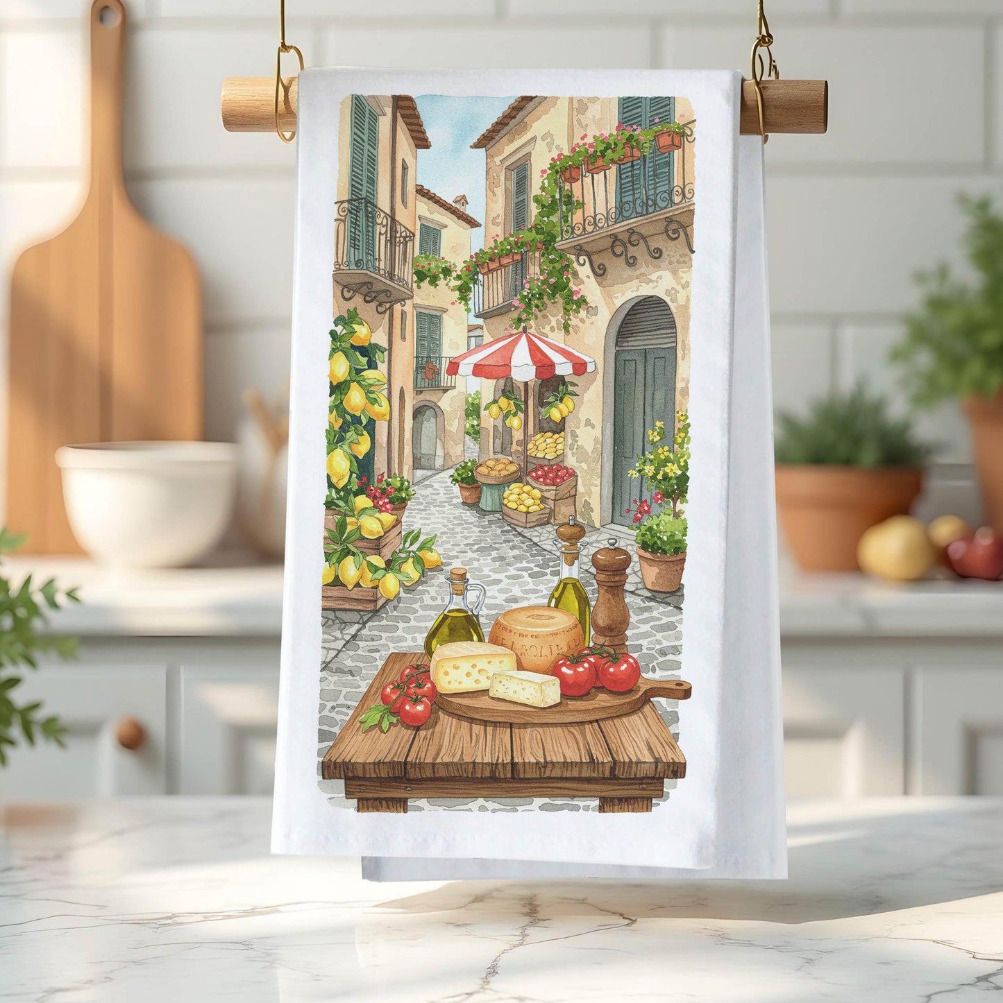 Italian Kitchen Towel - Italian Street Market Scene, Rustic Decor, Italy Inspired Gift - Flour Sack Organic Cotton Dish Towel