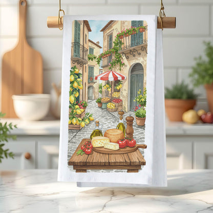 Italian Kitchen Towel - Italian Street Market Scene, Rustic Decor, Italy Inspired Gift - Flour Sack Organic Cotton Dish Towel