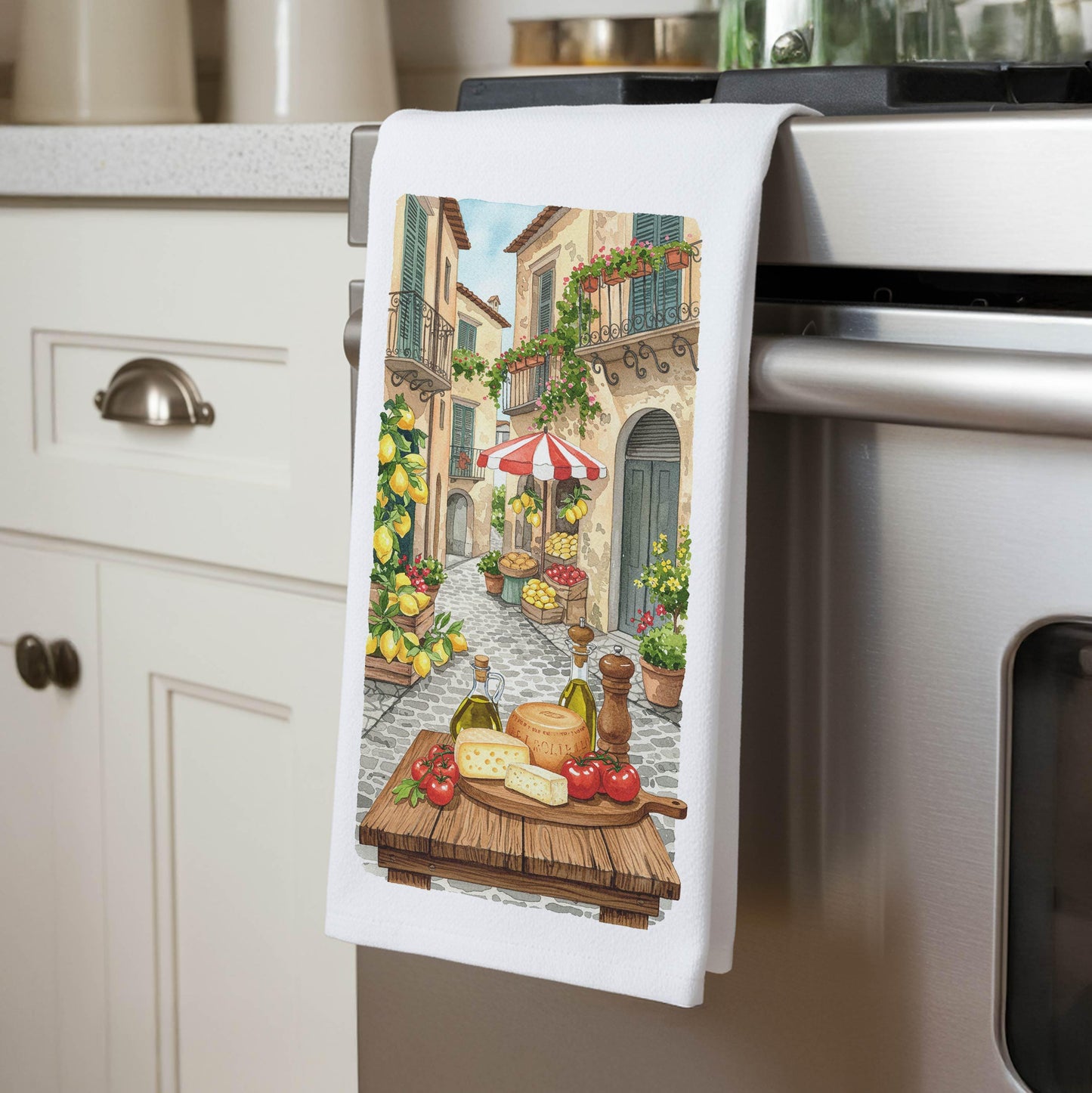 Italian Kitchen Towel - Italian Street Market Scene, Rustic Decor, Italy Inspired Gift - Flour Sack Organic Cotton Dish Towel