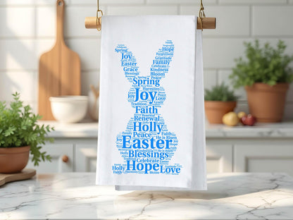 Easter Bunny Kitchen Towel Word Art, Religious Easter Decor, Spring Blessings Tea Towel, Organic Cotton Christian Gift