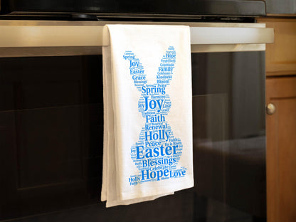 Easter Bunny Kitchen Towel Word Art, Religious Easter Decor, Spring Blessings Tea Towel, Organic Cotton Christian Gift