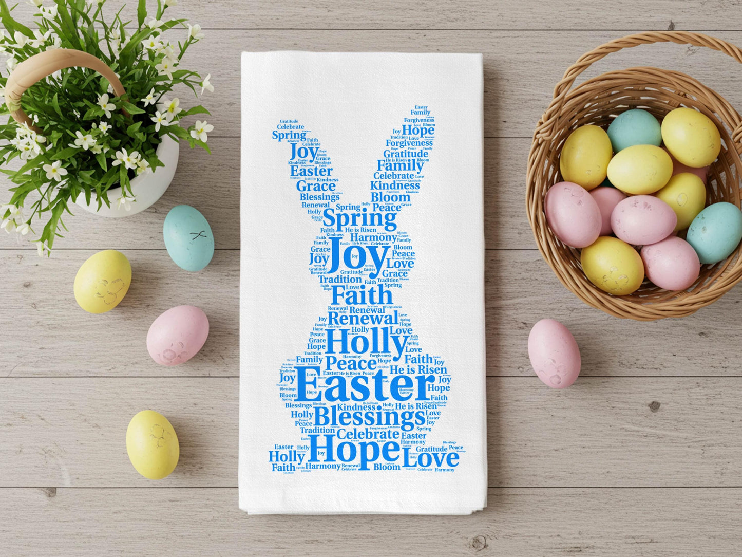 Easter Bunny Kitchen Towel Word Art, Religious Easter Decor, Spring Blessings Tea Towel, Organic Cotton Christian Gift