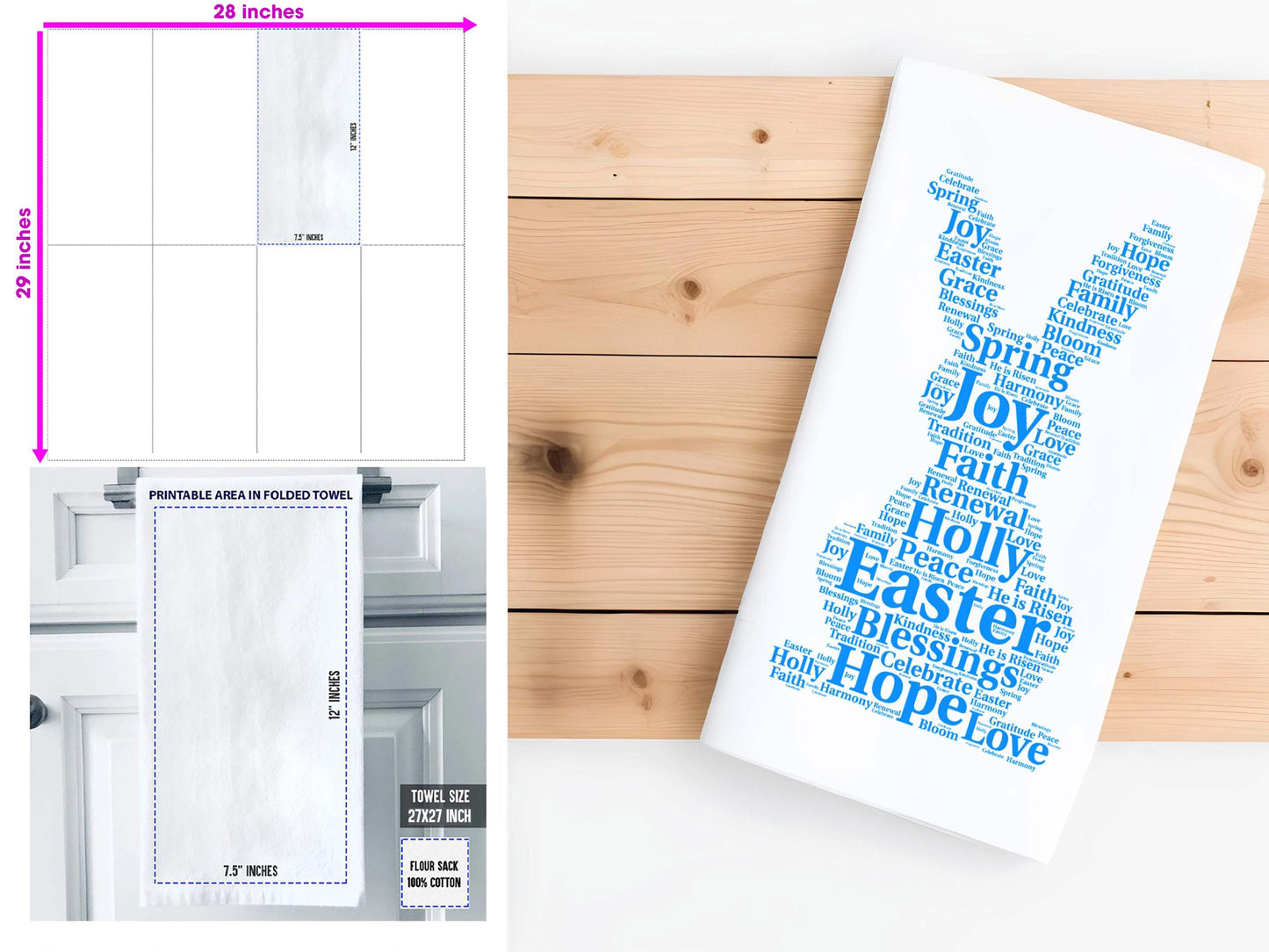 Easter Bunny Kitchen Towel Word Art, Religious Easter Decor, Spring Blessings Tea Towel, Organic Cotton Christian Gift