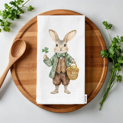 St. Patrick's Day Tea Towel, Bunny Clover Kitchen Decor, Decorative Hostess Gift, Irish-Themed Towel - Flour Sack Organic Cotton