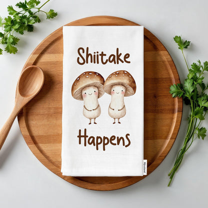 Shiitake Happens Kitchen Towel - Funny Mushroom Pun Gift for Foodies & Mushroom Lovers - Flour Sack Organic Cotton Tea Towel