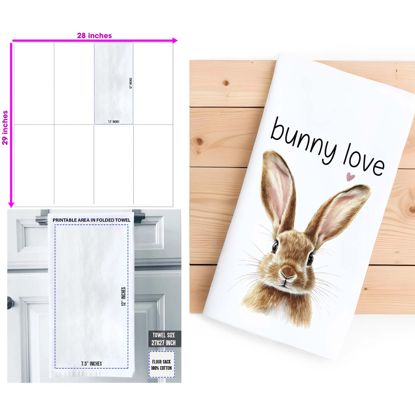 Easter Bunny Kitchen Towel - Bunny Love Cute Rabbit themed Gift for Easter & Spring Decor - Flour Sack Organic Cotton Tea Towel