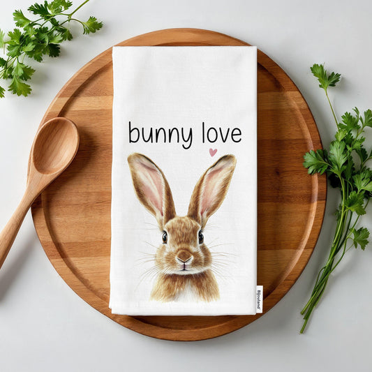 Easter Bunny Kitchen Towel - Bunny Love Cute Rabbit themed Gift for Easter & Spring Decor - Flour Sack Organic Cotton Tea Towel