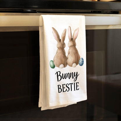 Bunny Bestie Easter Kitchen Towel - Cute Easter Tea Towel, Spring Bunny Gift, Farmhouse Kitchen Decor - Flour Sack Organic Cotton Tea Towel