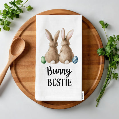 Bunny Bestie Easter Kitchen Towel - Cute Easter Tea Towel, Spring Bunny Gift, Farmhouse Kitchen Decor - Flour Sack Organic Cotton Tea Towel