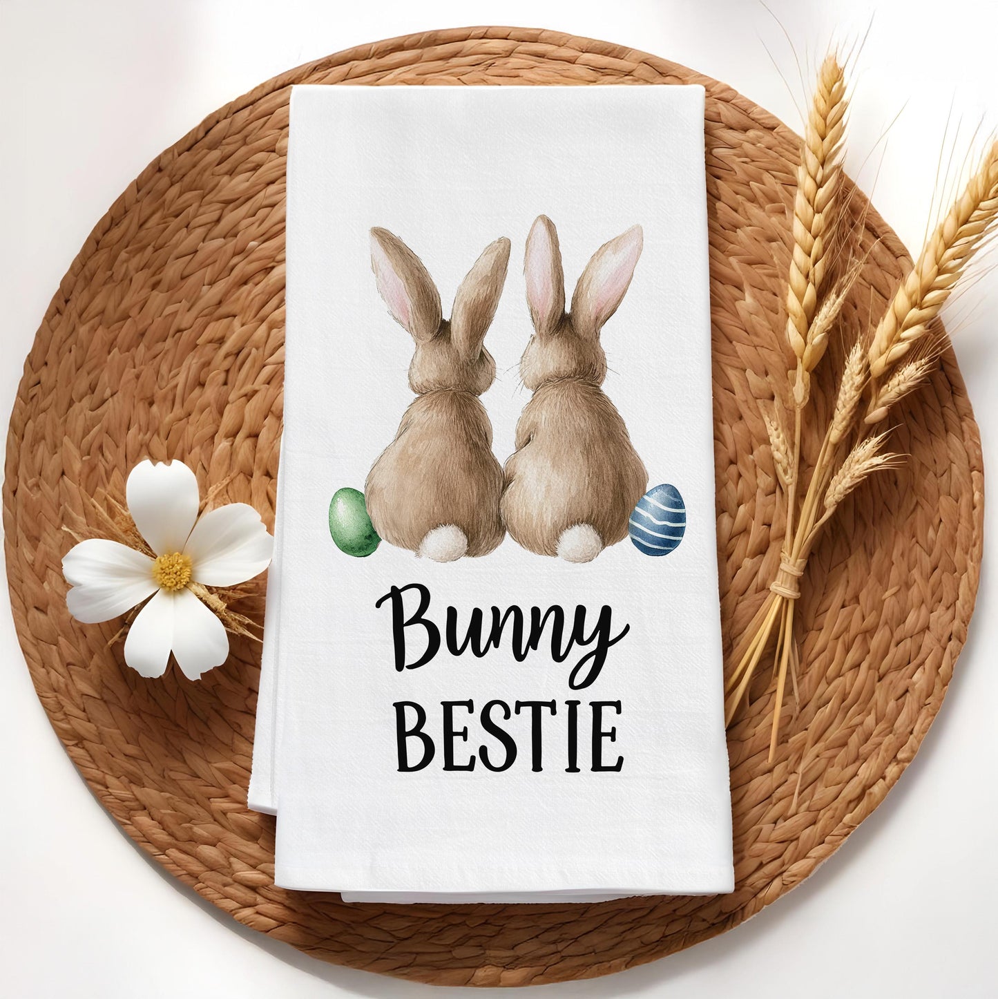 Bunny Bestie Easter Kitchen Towel - Cute Easter Tea Towel, Spring Bunny Gift, Farmhouse Kitchen Decor - Flour Sack Organic Cotton Tea Towel