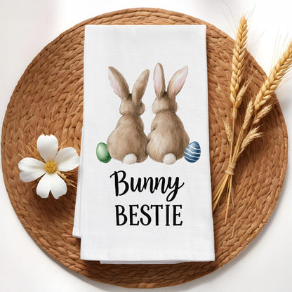 Bunny Bestie Easter Kitchen Towel - Cute Easter Tea Towel, Spring Bunny Gift, Farmhouse Kitchen Decor - Flour Sack Organic Cotton Tea Towel