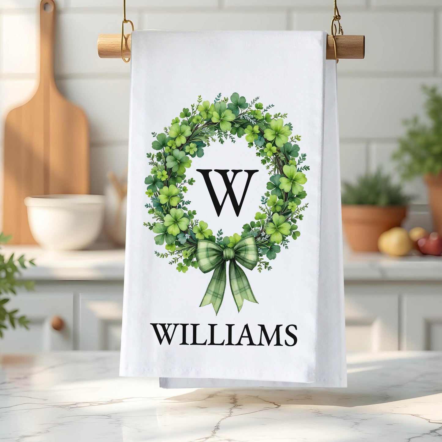 Personalized St. Patrick's Day Towel - Custom Name & Shamrock Wreath Irish Decor Gift - Flour Sack Organic Cotton Tea Towel