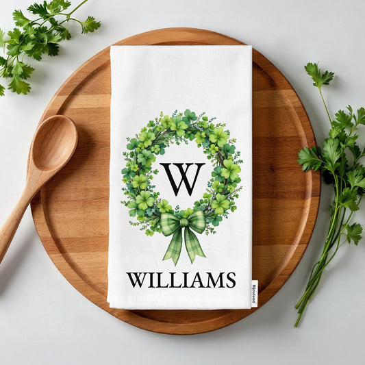 Personalized St. Patrick's Day Towel - Custom Name & Shamrock Wreath Irish Decor Gift - Flour Sack Organic Cotton Tea Towel