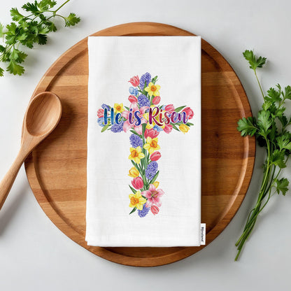 He is Risen" Easter Towel - Floral Cross Christian Gift - Religious Kitchen Decor - Flour Sack Organic Cotton Tea Towel