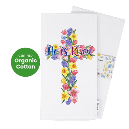 He is Risen" Easter Towel - Floral Cross Christian Gift - Religious Kitchen Decor - Flour Sack Organic Cotton Tea Towel